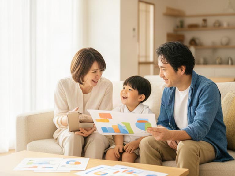 つくば市の明るいリビングで教育費の家計グラフを見ながら話す共働きの親子