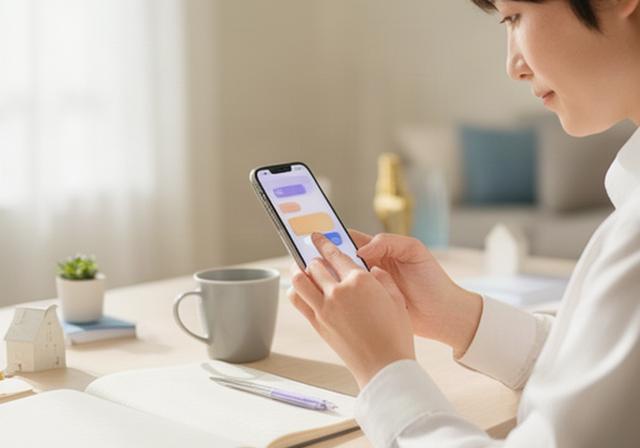 明るい自宅の机でスマートフォンの家計画面を確認する一人暮らしの会社員